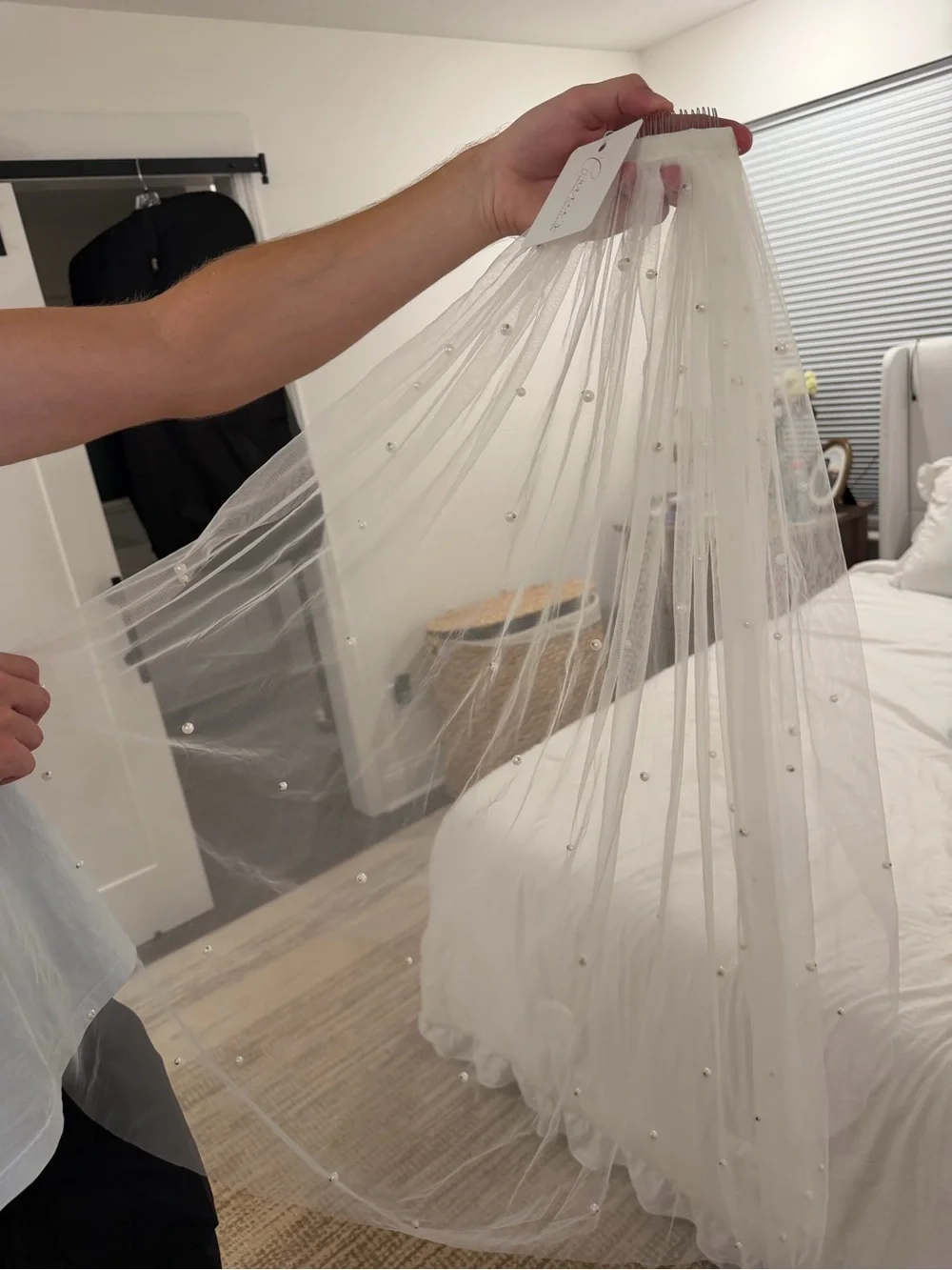 Sheer White Beaded Tulle Bed Canopy Panel - Unbranded